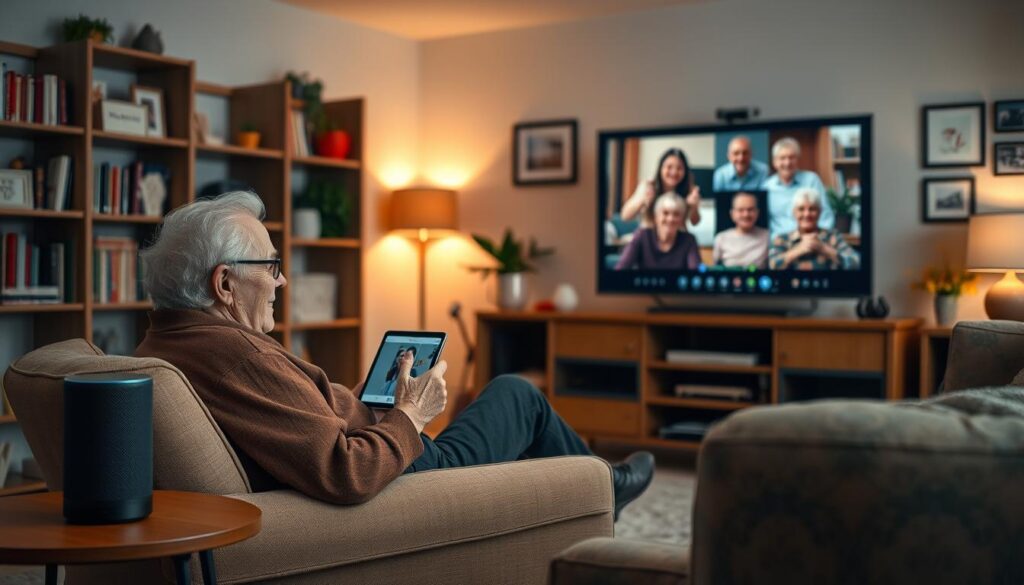 A cozy senior's living room, filled with modern technology. In the foreground, an elderly person sits comfortably on a plush armchair, intently focused on a tablet, their face illuminated by the soft glow of the screen. On the side table, a voice-controlled smart speaker stands ready, while a large flatscreen TV dominates the middle ground, displaying a video call with distant family members. The background features bookshelves, framed photos, and warm lighting, creating a sense of familiarity and connection. The scene conveys the harmonious integration of technology and social bonds, empowering the elderly to stay engaged and supported.
