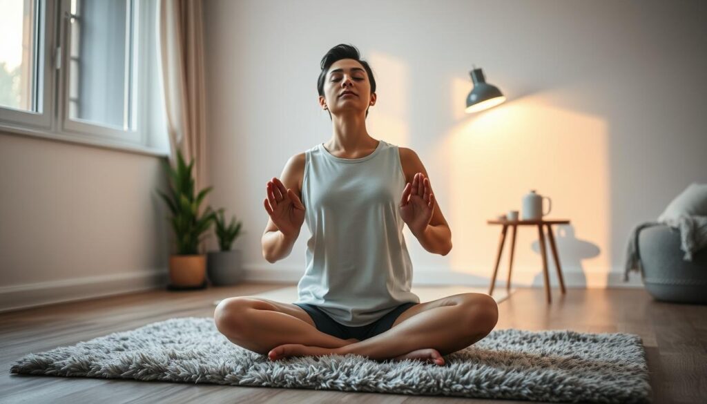 A peaceful, contemplative scene of a person practicing simple, mindful exercises in a cozy home setting. In the foreground, the figure sits cross-legged on a plush rug, eyes closed, palms resting gently on knees. Soft, indirect lighting from a nearby window casts a warm glow, creating a tranquil atmosphere. In the middle ground, a few potted plants and a small side table with a cup of tea suggest a relaxing, rejuvenating atmosphere. The background depicts a minimalist, uncluttered living space, with muted tones and clean lines that foster a sense of calm focus. An image that visually conveys the benefits of "neuróbica" - practical, brain-stimulating exercises that can be easily incorporated into daily life.