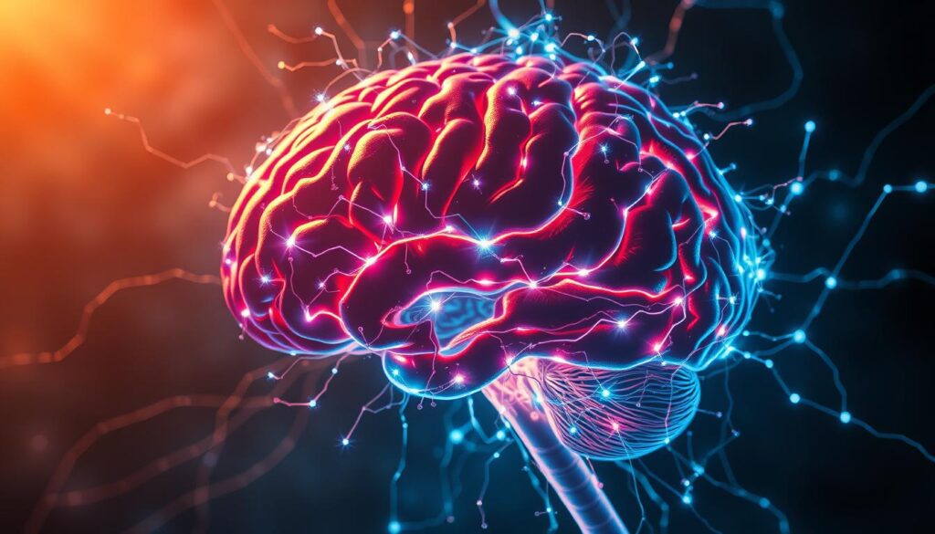 A senior brain engulfed in a web of glowing neon neural connections, illuminating the complex hyperconnectivity of the aging mind. In the foreground, a cross-section of the brain reveals intricate synaptic pathways, pulsing with electric energy. The middle ground features an anatomical rendering of the brain's structure, while the background is shrouded in a hazy, ethereal glow, evoking the intangible and mysterious nature of cognitive processes. Dramatic lighting from multiple angles casts dramatic shadows, emphasizing the depth and dimensionality of this intricate neural landscape. The overall mood is one of scientific intrigue and the profound impact of technology on the senior brain.