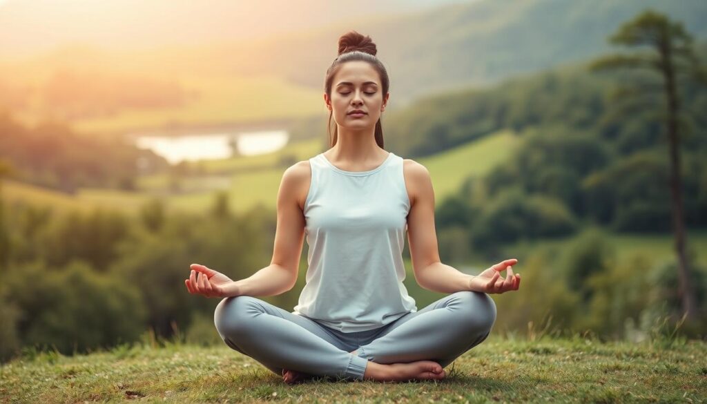 A serene and focused individual sitting cross-legged in a peaceful natural setting, practicing mindful meditation. The foreground features the person's hands resting gently on their lap, their eyes closed in a state of deep concentration. The middle ground showcases a lush, verdant landscape with rolling hills, vibrant foliage, and a calming body of water. The background is filled with a warm, diffused lighting, creating a sense of tranquility and introspection. The overall scene evokes a feeling of mental clarity, inner balance, and enhanced cognitive abilities.