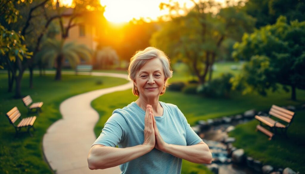 A serene and tranquil scene depicting the benefits of physical activity for mental health in mature adults. The foreground features a vibrant, middle-aged person engaged in a gentle yoga pose, their face radiating a sense of calm and inner peace. The middle ground showcases a lush, verdant park setting with winding paths, inviting benches, and a gently flowing stream. The background is filled with a warm, golden-hued sunset, casting a soft, diffused light over the entire scene. The overall atmosphere conveys a sense of harmony, well-being, and the restorative power of both physical and mental exercise in the later stages of life. A serene and tranquil scene depicting the benefits of physical activity for mental health in mature adults. The foreground features a vibrant, middle-aged person engaged in a gentle yoga pose, their face radiating a sense of calm and inner peace. The middle ground showcases a lush, verdant park setting with winding paths, inviting benches, and a gently flowing stream. The background is filled with a warm, golden-hued sunset, casting a soft, diffused light over the entire scene. The overall atmosphere conveys a sense of harmony, well-being, and the restorative power of both physical and mental exercise in the later stages of life.
