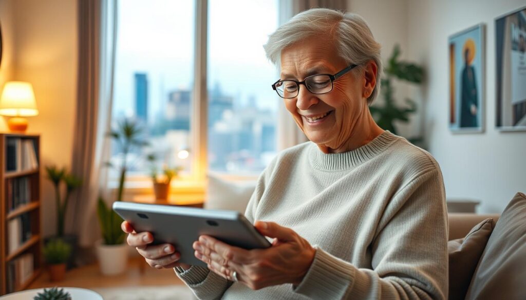 A serene, well-lit scene showcasing the harmonious relationship between senior adults and modern technology. In the foreground, an elderly person's hands confidently navigate a tablet, their face radiating a sense of wonder and fulfillment. The middle ground depicts a cozy, inviting living space, where bookshelves and plants create a warm, intellectually stimulating environment. In the background, a soft-focus view of a bustling city skyline, representing the vibrant, connected world that the senior adult is now seamlessly integrated with, thanks to their newfound technological proficiency. The overall atmosphere conveys a sense of empowerment, adaptability, and the remarkable neuroplasticity of the aging brain.