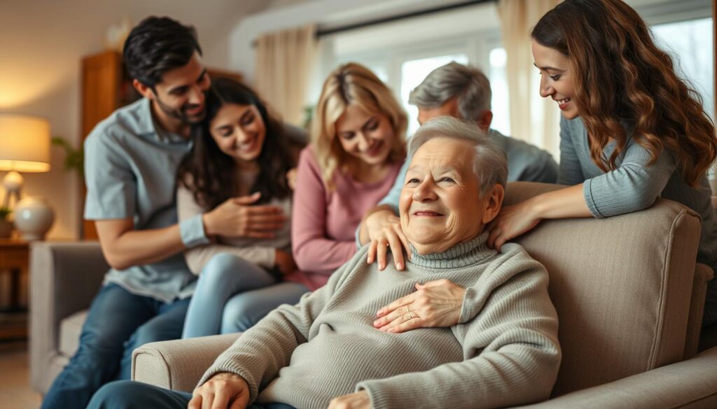 A warm, intimate family gathering in a cozy, well-lit living room. In the foreground, an elderly grandparent sits in a comfortable armchair, their face filled with a gentle smile as they are embraced by their adult children and grandchildren. The middle ground features the family members offering affectionate support, their body language conveying care, compassion, and a deep sense of connection. The background depicts a inviting domestic setting, with soft lighting, tasteful decor, and a sense of tranquility and security. The overall mood is one of profound emotional support, familial love, and the importance of intergenerational bonds in nurturing the well-being of senior citizens.