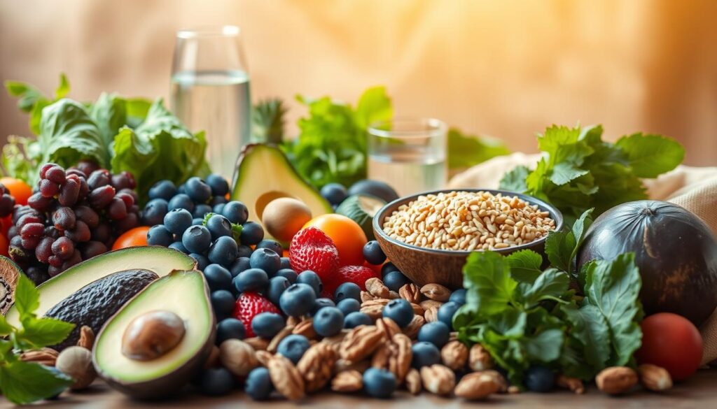 A bountiful still life of vibrant, nutrient-dense foods for a healthy brain, bathed in warm, natural lighting. In the foreground, a variety of fresh fruits and vegetables, including blueberries, avocados, leafy greens, and nuts, arranged in an inviting, artful composition. In the middle ground, a glass of water and a bowl of whole grains, such as quinoa or brown rice. The background features a serene, earthy backdrop, perhaps a wooden table or a neutral-toned fabric, emphasizing the organic, nourishing theme. The overall mood is one of wholesome abundance, conveying the idea of feeding the brain with the right fuel for optimal function and plasticity.