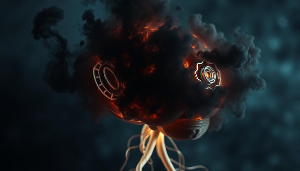A close-up of a human brain in a state of distress, with dark, swirling clouds of anxious thoughts and emotions enveloping it. The brain appears to be pulsing with an unsettling energy, as if the intrusive thoughts are physically manifesting. The background is hazy and out of focus, creating a sense of isolation and overwhelming internal turmoil. The lighting is dramatic, with shadows and highlights emphasizing the intensity of the mental anguish. The overall mood is one of unease, tension, and the debilitating effects of intrusive thoughts on mental well-being.