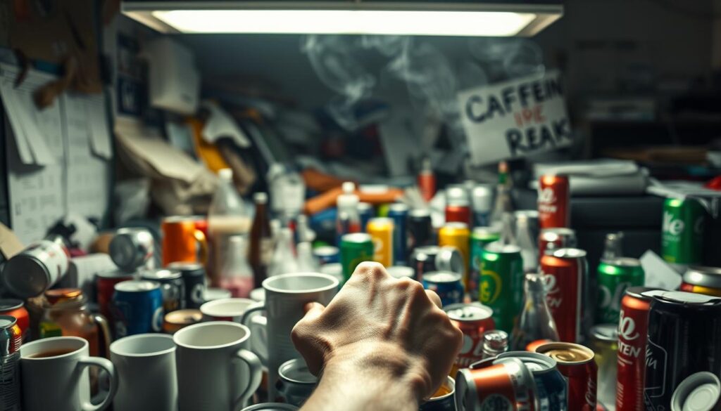 A cluttered desk overflowing with various caffeinated beverages - steaming mugs of coffee, fizzing energy drinks, and half-empty soda cans. The table is bathed in a harsh, overhead fluorescent light, casting harsh shadows and creating an anxious, jittery atmosphere. In the foreground, a person's hand shakily reaches for another cup, their face obscured by the chaotic clutter. The background is blurred, hinting at the sense of tunnel vision and restlessness that comes with excessive caffeine consumption. The scene conveys the idea of losing control, of being overwhelmed by the stimulant's effects, and the potential harm it can have on the brain.