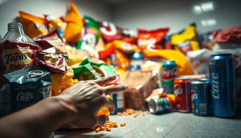 A cluttered kitchen counter overflows with an array of highly processed, brightly colored food items - bags of chips, sugary cereals, soda cans, and more. The scene is bathed in a harsh, clinical lighting that emphasizes the artificial, unnatural nature of these "ultra-processed" foods. In the foreground, a human hand reaches in, drawing attention to the temptation and accessibility of these products. The background is blurred, creating a sense of singularity of focus on the unhealthy foodstuffs. The overall mood is one of caution and concern, a warning about the potential risks these hyper-palatable, nutrient-poor items pose to brain health.