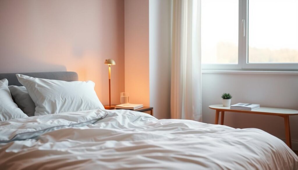 A cozy bedroom scene illuminated by soft, natural lighting from a large window. In the foreground, a plush, inviting bed with crisp, white sheets and a fluffy duvet. On the bedside table, a reading lamp casts a warm glow, accompanied by a glass of water and a book. In the middle ground, a minimalist nightstand with a small potted plant and a stack of magazines. The background features soothing, neutral-toned walls and a tranquil, uncluttered space, evoking a sense of relaxation and calm. The overall atmosphere is serene and conducive to a good night's sleep.