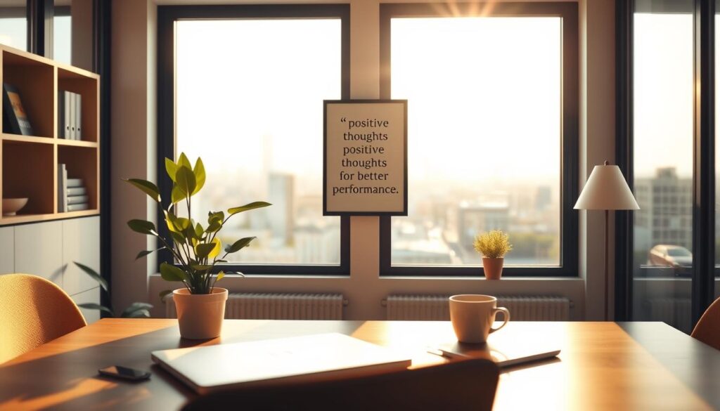 A cozy office space with warm, natural lighting filtering through large windows. In the foreground, a desk with a laptop, a potted plant, and a cup of coffee, symbolizing a productive and positive work environment. In the middle ground, a framed motivational quote on the wall, encouraging "positive thoughts for better performance." The background features a serene, blurred cityscape, suggesting a sense of balance and harmony. The overall atmosphere exudes a calming, uplifting vibe that inspires creativity and focus. A cozy office space with warm, natural lighting filtering through large windows. In the foreground, a desk with a laptop, a potted plant, and a cup of coffee, symbolizing a productive and positive work environment. In the middle ground, a framed motivational quote on the wall, encouraging "positive thoughts for better performance." The background features a serene, blurred cityscape, suggesting a sense of balance and harmony. The overall atmosphere exudes a calming, uplifting vibe that inspires creativity and focus.