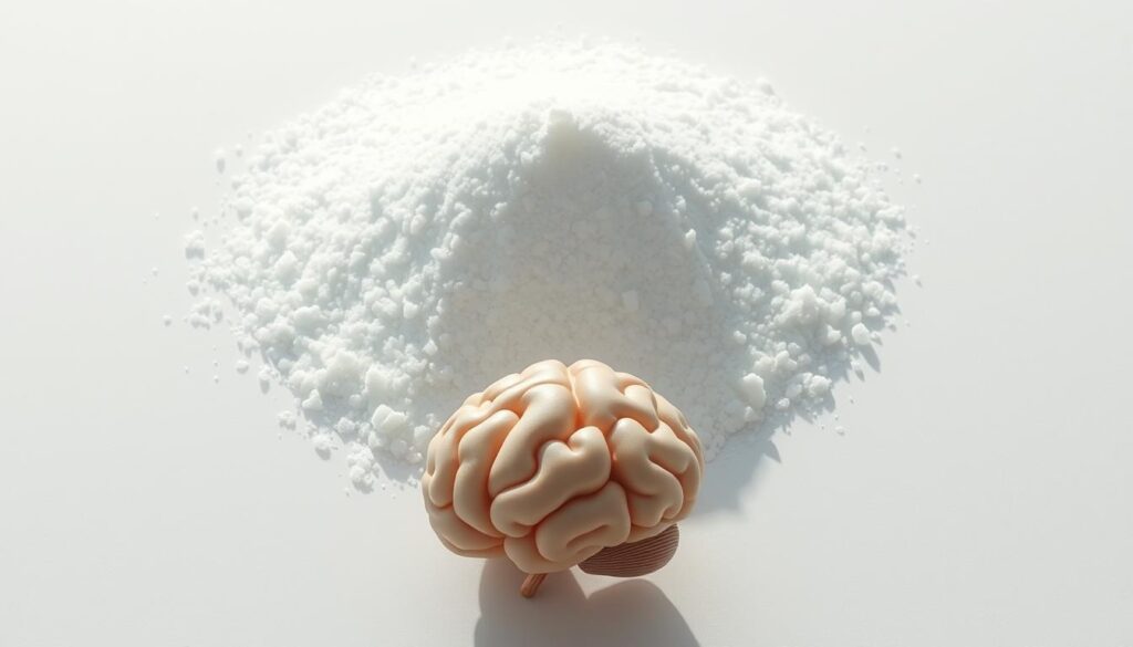 A crystalline pile of refined white sugar takes center stage, casting long shadows across a minimalist background. The refined granules glisten under a soft, diffused light, hinting at their deceptive innocence. In the foreground, a delicate, anatomically accurate brain model hovers, partially obscured by the sugar. The brain's intricate folds and contours are rendered in muted tones, a subtle contrast to the striking whiteness of the sugar. The overall composition conveys a sense of tension, a quiet warning about the insidious effects of refined sugar on cognitive health.