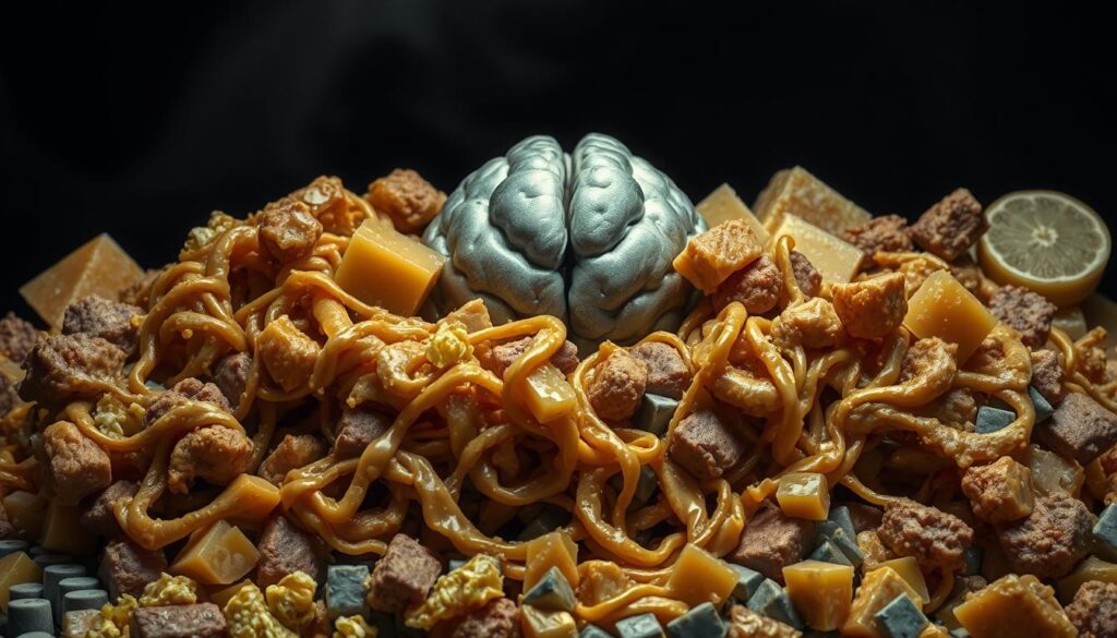 A dense, unwholesome arrangement of unhealthy fats, depicted with a somber, foreboding atmosphere. In the foreground, a tangled, viscous mass of trans and saturated fats, their unnatural hues of yellows and grays oozing and congealing. The middle ground features a shadowy, cerebral shape, representing the human brain, dwarfed and threatened by the encroaching unhealthy lipids. The background is cast in a dim, sinister lighting, conveying the detrimental impact of these harmful fats on neural function. The composition evokes a sense of unease and the need to avoid such detrimental dietary choices.