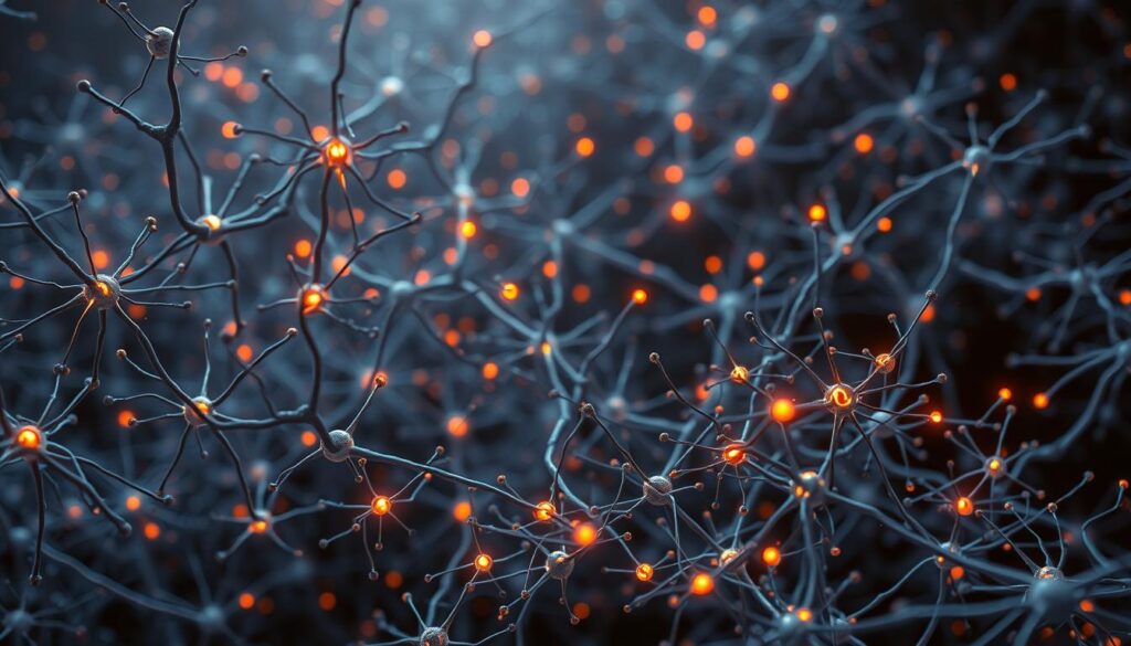 A densely connected neural network, synaptic plasticity is represented as a dynamic interplay of neurons and synapses. In the foreground, glowing synaptic connections form intricate patterns, their strength and flexibility conveying the brain's capacity for adaptation and learning. The middle ground features a vibrant array of neurons, their dendrites and axons weaving a tapestry of communication. In the background, a subdued, contemplative atmosphere suggests the subtle, yet profound, influence of social interactions on this fundamental neurological process. Soft, diffused lighting accentuates the delicate balance and flow of the scene, evoking a sense of the brain's remarkable ability to restructure itself in response to experience.