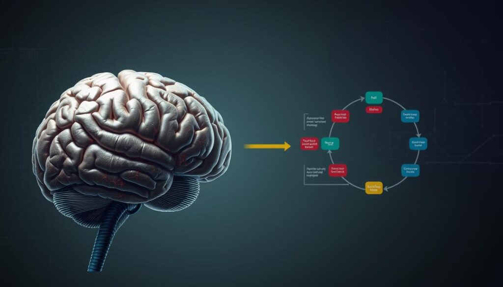 A detailed brain scan image showcasing the neural pathways and regions involved in the decision-making process. The foreground depicts a cross-section of the human brain, meticulously rendered with intricate neural networks, synaptic connections, and areas associated with cognition, reasoning, and judgment. The middle ground presents a stylized representation of the decision-making cycle, with colored flow diagrams and geometric shapes illustrating the various stages of information processing, evaluation, and choice selection. The background features a muted, scientific color palette, with subtle textures and gradients evoking a sense of depth and technical sophistication. The overall image conveys a harmonious balance between the biological complexity of the brain and the cognitive mechanisms underlying decision-making, all captured through a high-resolution, photorealistic rendering.