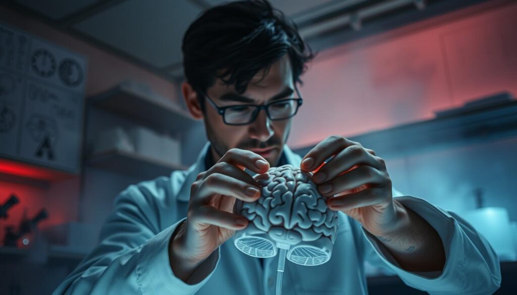 A dimly lit laboratory, the walls adorned with scientific equipment and intricate diagrams. In the foreground, a researcher's hands delicately manipulate a brain model, their expression one of intense focus as they explore the complexities of neuroplasticity. The background is shrouded in a hazy, atmospheric lighting, conveying the sense of the unknown and the challenges that lie ahead in this field of study. The scene is captured with a shallow depth of field, emphasizing the researcher's work and the intricate details of the brain model. The mood is one of contemplation and intellectual curiosity, hinting at the difficulties and breakthroughs that await in the pursuit of understanding the brain's capacity for change.