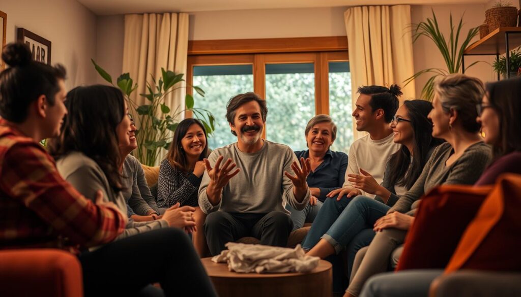 A group of diverse people gathered in a cozy living room, engaged in animated conversation and laughter. Warm lighting creates a sense of comfort and connection, with plush furniture and plants adding to the inviting atmosphere. In the center, a person shares a heartfelt story, their hands gesturing expressively as others listen intently, nodding and offering support. The scene conveys the importance of social networks, empathy, and the healing power of community in navigating life's challenges. A group of diverse people gathered in a cozy living room, engaged in animated conversation and laughter. Warm lighting creates a sense of comfort and connection, with plush furniture and plants adding to the inviting atmosphere. In the center, a person shares a heartfelt story, their hands gesturing expressively as others listen intently, nodding and offering support. The scene conveys the importance of social networks, empathy, and the healing power of community in navigating life's challenges.