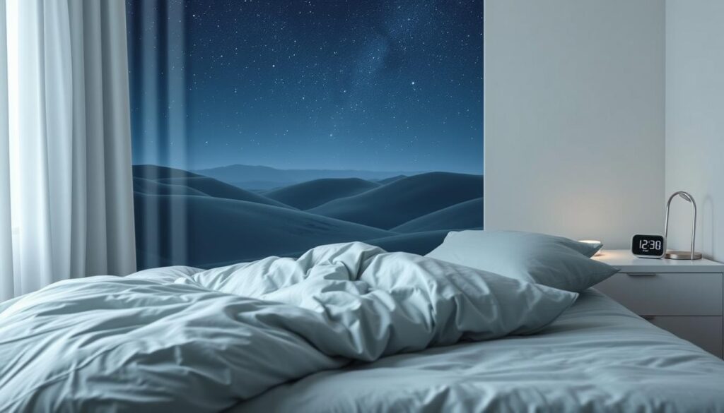 A peaceful sleep sanctuary, a serene bedroom with soft, diffuse lighting. Plush bedding in calming shades of blue and grey, inviting a restful slumber. In the background, a soothing landscape of rolling hills and a starry night sky, creating a sense of tranquility. A bedside table with a simple digital clock displays the time, emphasizing the importance of quality sleep. The overall atmosphere exudes a sense of calm and rejuvenation, conveying the impact of quality sleep on the brain's performance.