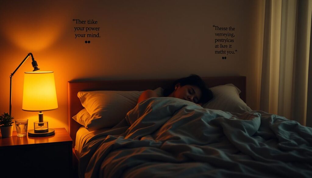 A serene bedroom scene, dimly lit by a bedside lamp, with a sleeping person nestled under cozy blankets. The room is bathed in a warm, golden glow, conveying a sense of tranquility and rest. On the nightstand, a glass of water and a small potted plant add subtle touches of life. The walls are adorned with motivational quotes, each one a gentle reminder of the power of the mind and the importance of self-care. The overall atmosphere is one of peaceful contemplation, inviting the viewer to reflect on the restorative role of sleep in maintaining motivation and well-being.