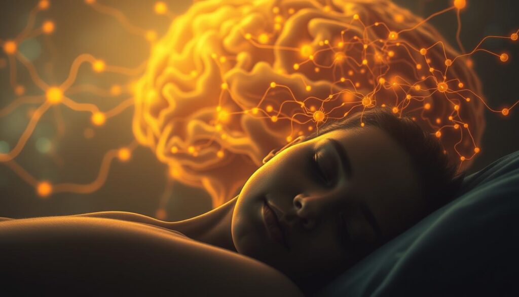 A serene, dimly lit brain landscape, with intricate neural pathways and synaptic connections pulsing with energy. In the foreground, a tranquil sleeping figure, their face relaxed and peaceful, surrounded by a soft, ethereal glow. The background reveals a dreamlike world of vibrant, undulating forms, representing the dynamic process of neuroplasticity. The scene is bathed in a warm, golden light, creating a sense of harmony and balance between the resting brain and its constant adaptation. The composition is balanced, with the sleeping figure and the neural landscape in a delicate dance, symbolizing the vital relationship between sleep and the brain's remarkable plasticity.