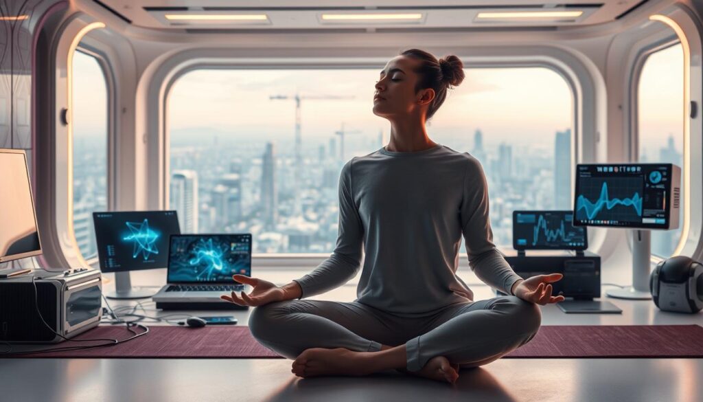 A serene, futuristic workspace with a clean, minimalist aesthetic. In the foreground, a person sits cross-legged, eyes closed, deep in a state of focused meditation, digital devices and screens arranged neatly around them. The middle ground features sleek, metallic technological components and circuits, subtly hinting at the interplay between technology and mental focus. The background showcases a vast, panoramic window overlooking a vibrant, technologically-advanced cityscape, bathed in warm, ambient lighting that creates a sense of calm and balance. The overall composition conveys a harmonious integration of technology and mental well-being.