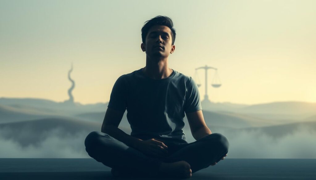 A serene, introspective scene depicting the interplay of self-awareness and decision-making. In the foreground, a pensive figure sits cross-legged, eyes closed, immersed in deep contemplation. Soft, diffused lighting illuminates their thoughtful expression, conveying a sense of inner calm and clarity. In the middle ground, subtle visual metaphors represent the process of decision-making - a branching path, a scale balancing options, or a compass pointing the way. The background features a minimalist, dreamlike landscape, perhaps a metaphorical representation of the subconscious mind, imbued with a sense of tranquility and expansiveness. The overall mood is one of introspection, self-discovery, and the empowering potential of conscious decision-making. A serene, introspective scene depicting the interplay of self-awareness and decision-making. In the foreground, a pensive figure sits cross-legged, eyes closed, immersed in deep contemplation. Soft, diffused lighting illuminates their thoughtful expression, conveying a sense of inner calm and clarity. In the middle ground, subtle visual metaphors represent the process of decision-making - a branching path, a scale balancing options, or a compass pointing the way. The background features a minimalist, dreamlike landscape, perhaps a metaphorical representation of the subconscious mind, imbued with a sense of tranquility and expansiveness. The overall mood is one of introspection, self-discovery, and the empowering potential of conscious decision-making.