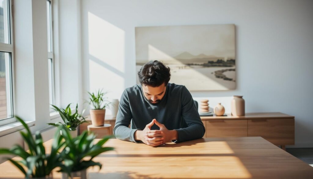 A serene, minimalist office setting with natural lighting filtering through large windows. In the foreground, a person sits at a wooden desk, deep in contemplation, hands clasped in front of them. The middle ground features calming, earthy-toned decor elements such as a potted plant, a decorative sphere, and a small fountain. The background showcases a muted, abstract landscape painting, evoking a sense of tranquility and emotional balance. The overall scene conveys a feeling of mindfulness, emotional management, and a productive, resilient state of being. A serene, minimalist office setting with natural lighting filtering through large windows. In the foreground, a person sits at a wooden desk, deep in contemplation, hands clasped in front of them. The middle ground features calming, earthy-toned decor elements such as a potted plant, a decorative sphere, and a small fountain. The background showcases a muted, abstract landscape painting, evoking a sense of tranquility and emotional balance. The overall scene conveys a feeling of mindfulness, emotional management, and a productive, resilient state of being.