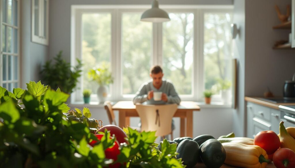 A serene, sun-dappled kitchen scene, with fresh produce and vibrant greenery in the foreground. Crisp, clean lines and natural light imbue the space with a sense of clarity and tranquility. In the middle ground, a person sits at a wooden table, deep in thought, a cup of steaming tea or coffee in their hands. The background features floor-to-ceiling windows, allowing the outdoors to gently filter in, creating an atmosphere of mental focus and nourishment. Soft, diffused lighting casts a warm, comforting glow, and the overall composition conveys a harmonious balance between physical sustenance and mental clarity. A serene, sun-dappled kitchen scene, with fresh produce and vibrant greenery in the foreground. Crisp, clean lines and natural light imbue the space with a sense of clarity and tranquility. In the middle ground, a person sits at a wooden table, deep in thought, a cup of steaming tea or coffee in their hands. The background features floor-to-ceiling windows, allowing the outdoors to gently filter in, creating an atmosphere of mental focus and nourishment. Soft, diffused lighting casts a warm, comforting glow, and the overall composition conveys a harmonious balance between physical sustenance and mental clarity.
