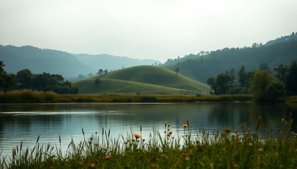 A serene, tranquil scene depicting the concept of "metas de vida" (life goals). In the foreground, a peaceful lake reflects the surrounding landscape, with soft, diffused lighting casting a warm, contemplative atmosphere. In the middle ground, a rolling meadow dotted with wildflowers leads the eye towards a distant, hazy mountain range. The background is framed by a lush, verdant forest, conveying a sense of balance and harmony. The overall composition suggests a journey of personal growth and self-discovery, with the tranquil setting inviting the viewer to pause, reflect, and envision their own life goals. A serene, tranquil scene depicting the concept of "metas de vida" (life goals). In the foreground, a peaceful lake reflects the surrounding landscape, with soft, diffused lighting casting a warm, contemplative atmosphere. In the middle ground, a rolling meadow dotted with wildflowers leads the eye towards a distant, hazy mountain range. The background is framed by a lush, verdant forest, conveying a sense of balance and harmony. The overall composition suggests a journey of personal growth and self-discovery, with the tranquil setting inviting the viewer to pause, reflect, and envision their own life goals.