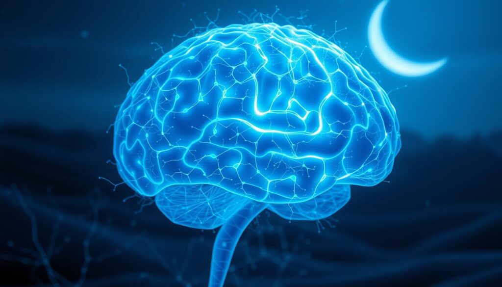 A softly glowing, ethereal rendering of the human brain, its intricate networks pulsing with energy. The cerebrum is rendered in shades of blue, radiating an inner luminescence that suggests the dynamic, ever-changing nature of neuroplasticity. Delicate filaments of neurons intertwine, creating a mesmerizing, three-dimensional tapestry. In the background, a serene, night-time landscape with a crescent moon casts a gentle, silver-blue light, evoking the restorative power of sleep. The overall mood is one of tranquility, wonder, and the profound interconnectedness of the brain and sleep.