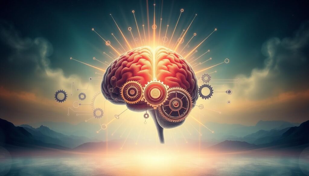 A surreal and visually striking illustration depicting the concept of "Estratégias para equilibrar a recompensa cerebral". In the foreground, a human brain radiates pulsing waves of energy, representing the fluctuating reward system. The middle ground features a series of gears, cogs, and mechanical elements, symbolizing the strategies and techniques used to balance this reward system. The background is a dreamlike, abstract landscape, with subtle gradients and ethereal lighting, conveying a sense of tranquility and inner harmony. The overall composition should evoke a sense of contemplation, introspection, and the delicate interplay between the biological and the technological in regulating our neural pathways.