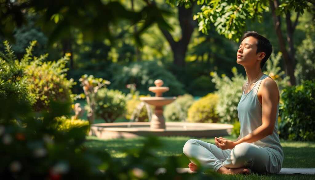A tranquil scene of a serene garden, with a person sitting cross-legged in the foreground, their eyes closed and hands resting peacefully in their lap. Diffused sunlight filters through the lush foliage, casting a warm, calming glow. In the middle ground, a simple, elegant fountain gently cascades, its soothing sounds adding to the meditative atmosphere. The background is filled with verdant trees and shrubs, creating a sense of seclusion and retreat from the outside world. The overall mood is one of introspection, clarity, and a deep connection with the present moment.