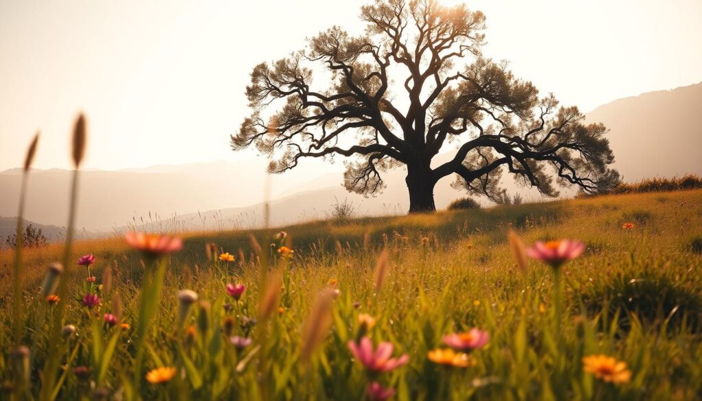 A tranquil, sun-dappled meadow with vibrant wildflowers in the foreground, gently swaying in a light breeze. In the middle ground, a sturdy oak tree stands tall, its branches reaching towards the sky, symbolizing the strength and resilience of the human spirit. The background features a distant, hazy mountain range, bathed in warm, golden light, conveying a sense of serenity and hope. The overall scene is captured through a wide-angle lens, creating a sense of openness and expansiveness, with soft, diffused lighting that lends a dreamlike quality to the image. A tranquil, sun-dappled meadow with vibrant wildflowers in the foreground, gently swaying in a light breeze. In the middle ground, a sturdy oak tree stands tall, its branches reaching towards the sky, symbolizing the strength and resilience of the human spirit. The background features a distant, hazy mountain range, bathed in warm, golden light, conveying a sense of serenity and hope. The overall scene is captured through a wide-angle lens, creating a sense of openness and expansiveness, with soft, diffused lighting that lends a dreamlike quality to the image.