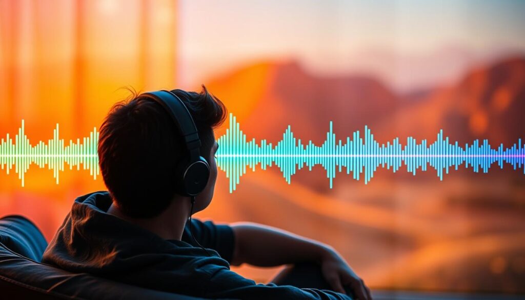 A vibrant, energetic scene of a person listening to música motivacional. In the foreground, a person sits comfortably, headphones on, head bobbing to the beat. The middle ground features a glowing, colorful soundwave visualization, pulsing with the rhythm. In the background, a blurred, abstract landscape with warm, uplifting lighting, suggesting a sense of inspiration and motivation. The overall mood is one of focus, drive, and mental well-being, capturing the power of music to enhance motivation and productivity.