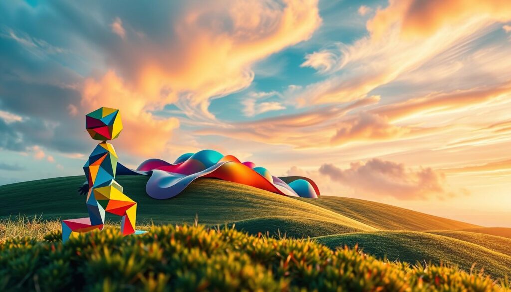A vibrant, imaginative landscape showcasing the essence of "criatividade". In the foreground, a whimsical figure constructed from colorful geometric shapes appears to be in motion, emanating a sense of playful innovation. The middle ground features a cluster of abstract, undulating forms in a spectrum of vivid hues, evoking the fluid, dynamic nature of the creative process. In the background, a dreamlike skyscape with swirling, iridescent clouds creates an ethereal, inspiring atmosphere. Soft, diffused lighting illuminates the scene, lending a sense of warmth and wonder. Captured with a wide-angle lens to accentuate the depth and grandeur of this imaginative realm. A vibrant, imaginative landscape showcasing the essence of "criatividade". In the foreground, a whimsical figure constructed from colorful geometric shapes appears to be in motion, emanating a sense of playful innovation. The middle ground features a cluster of abstract, undulating forms in a spectrum of vivid hues, evoking the fluid, dynamic nature of the creative process. In the background, a dreamlike skyscape with swirling, iridescent clouds creates an ethereal, inspiring atmosphere. Soft, diffused lighting illuminates the scene, lending a sense of warmth and wonder. Captured with a wide-angle lens to accentuate the depth and grandeur of this imaginative realm.
