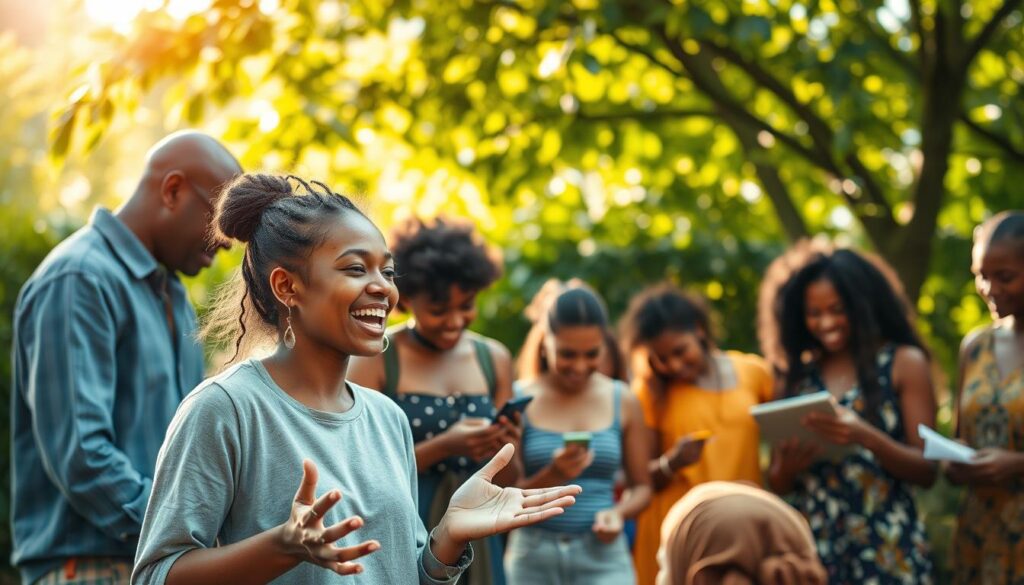 A vibrant, inspirational scene depicting a diverse group of people engaged in meaningful activities that bring purpose and fulfillment to their lives. The foreground features a young woman passionately discussing her volunteer work at a local community center, her animated expression and gestures conveying the deep sense of purpose she derives from her actions. In the middle ground, a group of friends collaborate on a creative project, their faces alight with concentration and joy. The background showcases a lush, verdant setting, with sunlight filtering through the leaves and casting a warm, uplifting glow over the entire scene. The overall mood is one of optimism, vitality, and the transformative power of living with intentionality and purpose.