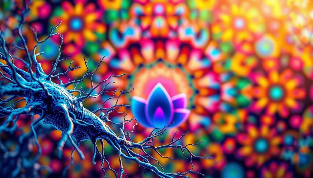 A vibrant, multi-dimensional illustration showcasing the dynamic nature of cerebral plasticity. In the foreground, a detailed neural network with intricate synaptic connections, pulsating with energy and neural activity. The middle ground features a trio of abstract, organic shapes in shades of blue and purple, symbolizing the brain's adaptability and capacity for change. In the background, a kaleidoscopic array of colorful, geometric patterns and shapes, creating a sense of depth and movement, reflecting the complex, ever-evolving nature of the brain. The lighting is soft and diffused, with warm hues that evoke a sense of contemplation and wonder. The overall composition is balanced and visually striking, capturing the essence of "plasticidade cerebral" and its importance in maintaining a healthy, thriving brain.
