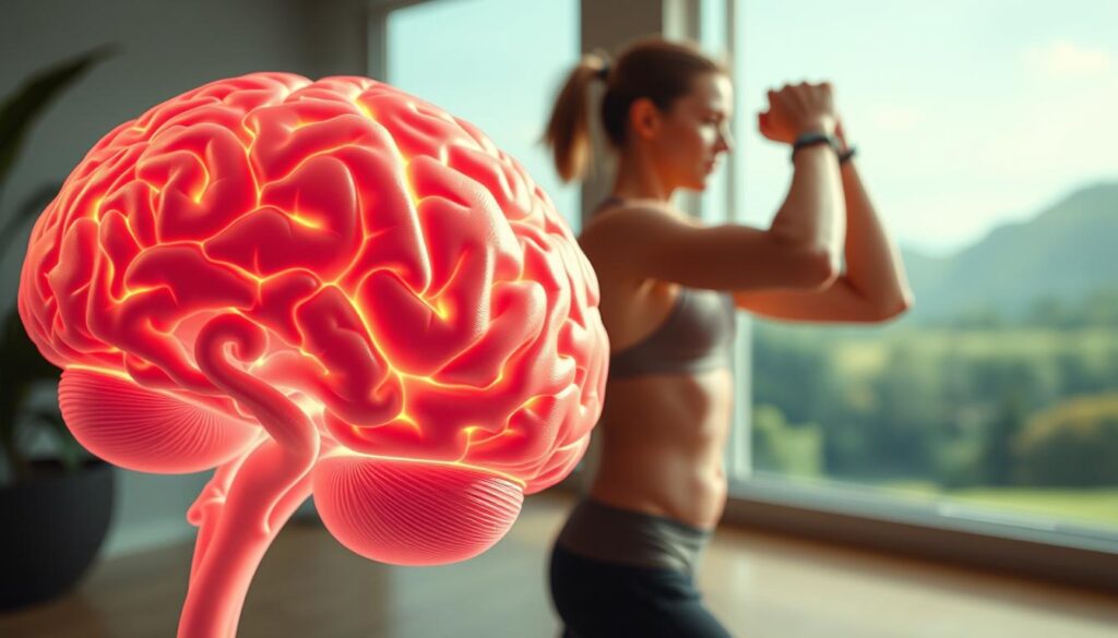 A vibrant scene depicting the interplay between brain plasticity and physical exercise. In the foreground, a detailed anatomical cross-section of the brain, its intricate neural pathways illuminated by a soft, warm glow. In the middle ground, a person engages in a dynamic workout, their muscles rippling with energy, highlighting the connection between physical activity and neurological adaptability. The background features a serene, nature-inspired landscape, symbolizing the holistic influence of the environment on the brain's capacity for change. The lighting is natural and diffuse, casting a contemplative atmosphere. Captured through a wide-angle lens, the composition emphasizes the synergistic relationship between the mind and the body.