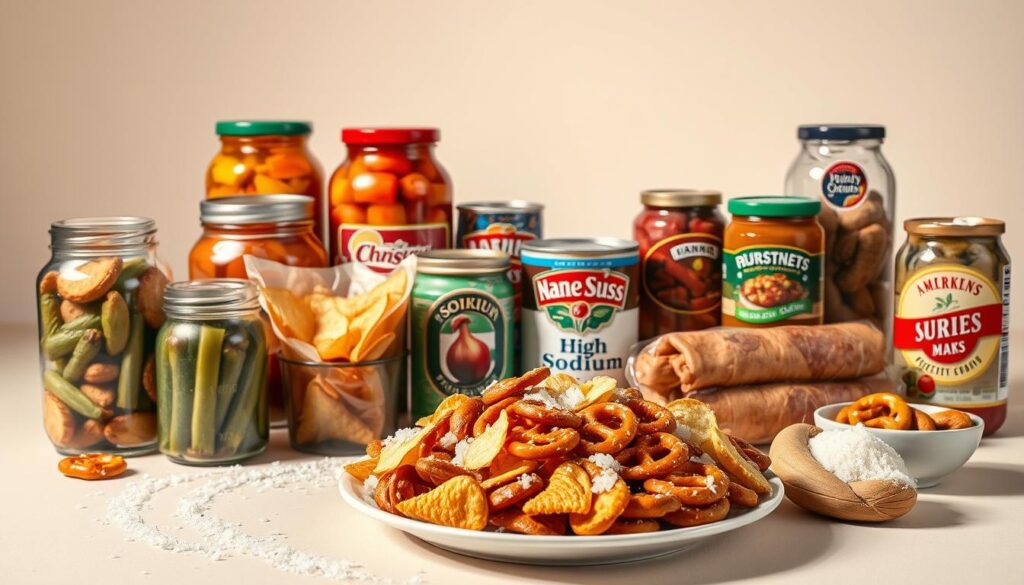 A vibrant still life showcasing an assortment of high-sodium foods, set against a clean, minimalist backdrop. In the foreground, a plate holds an array of salty snacks - potato chips, pretzels, and salted nuts. Behind it, glass jars filled with pickled vegetables and cured meats stand prominently. The middle ground features canned goods and processed foods, their labels highlighting their high sodium content. The background is a simple, off-white surface, allowing the unhealthy items to take center stage. Soft, directional lighting casts subtle shadows, emphasizing the textures and shapes of the different ingredients. The overall scene conveys a sense of unease, hinting at the potential cardiovascular risks associated with a diet high in sodium.