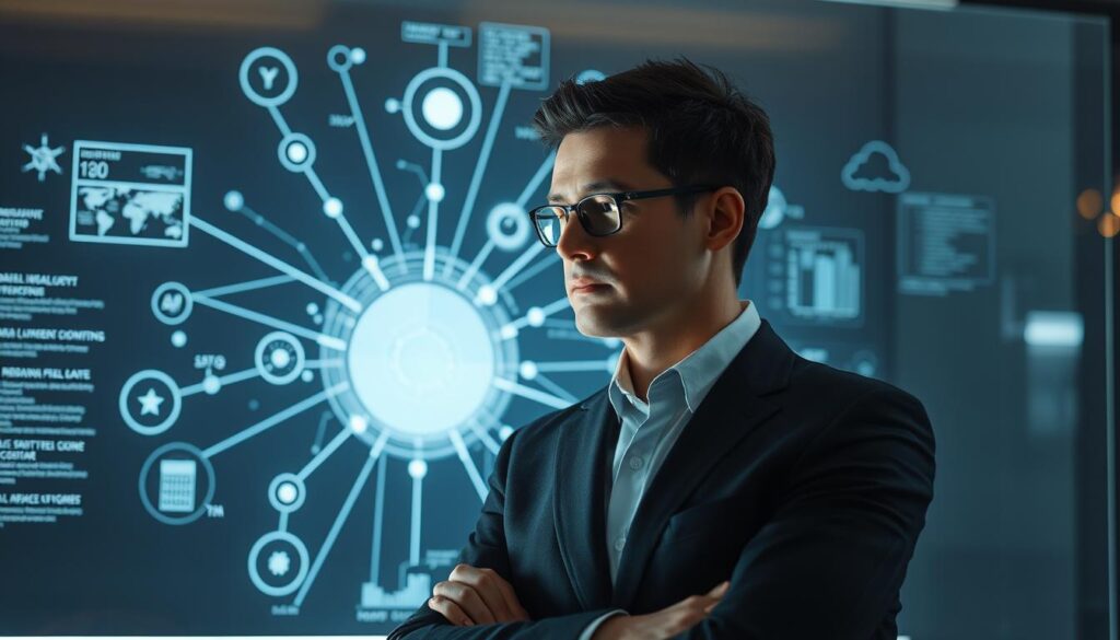 Effective decision-making: A focused business executive stands before a holographic display, contemplating a complex web of information and options. Soft, directional lighting illuminates their thoughtful expression as they carefully analyze data points and scenarios, weighing the implications of each potential decision. The background is subtly blurred, keeping the viewer's attention on the central figure's deliberative process. Sophisticated yet serene, this scene conveys the importance of considered, strategic thinking in the pursuit of optimal outcomes.