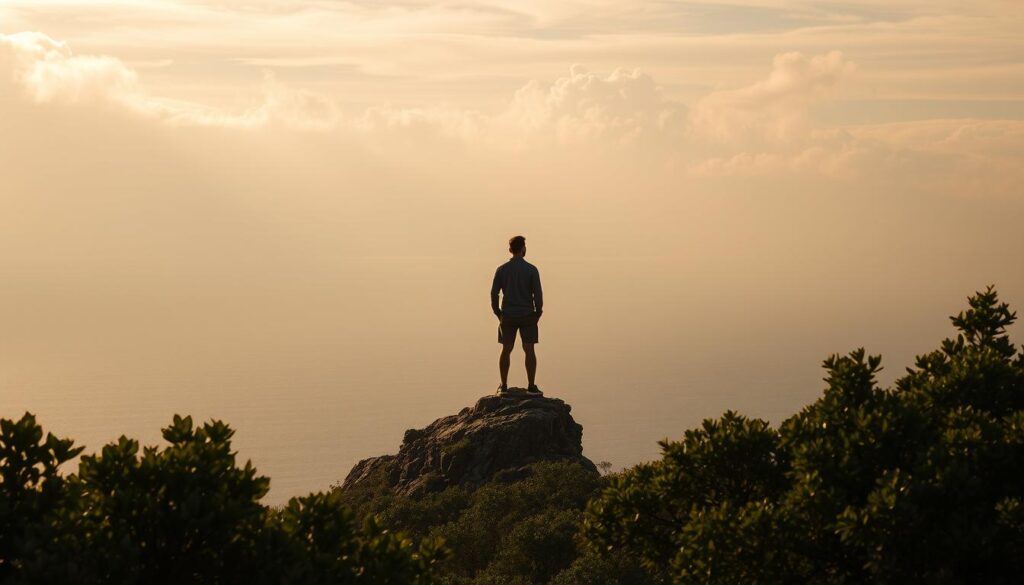 Serene landscape with a single figure standing atop a rocky promontory, gazing out over a vast, tranquil sea. Warm, golden light filters through wispy clouds, casting a soft glow on the scene. The figure's posture is one of contemplation and inner strength, radiating emotional resilience. In the foreground, a lush, verdant forest frames the view, hinting at the resilience of nature. The overall atmosphere is one of clarity, calm, and the triumph of the human spirit in the face of adversity.