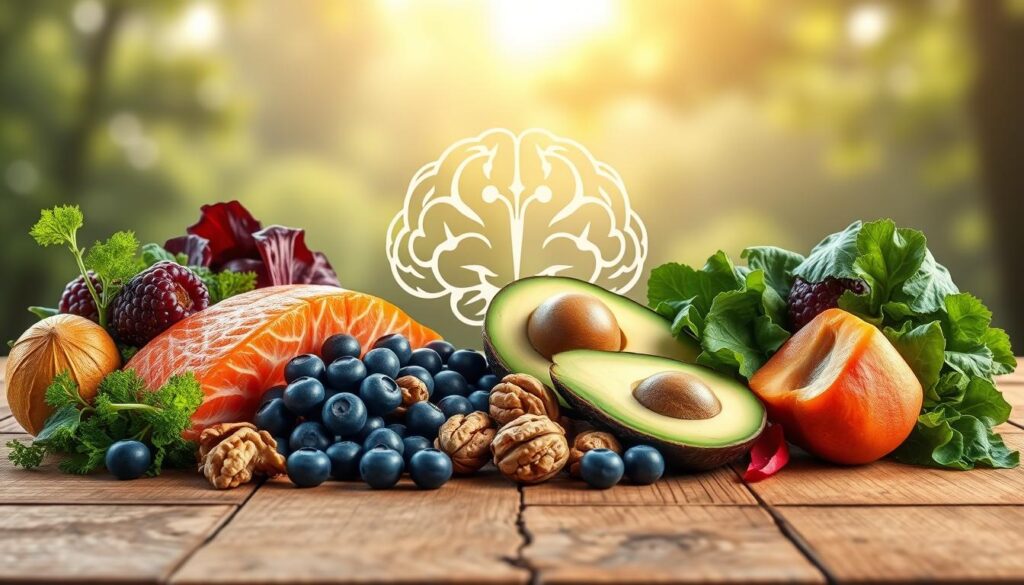 a detailed, hyper-realistic, high-resolution digital illustration of a variety of brain-healthy foods in the foreground, including salmon, walnuts, blueberries, avocado, and leafy greens, arranged on a wooden table surface. In the middle ground, a brain-shaped silhouette is prominently featured, subtly suggesting the connection between diet and brain health. The background showcases a serene, natural setting with soft, diffused lighting, conveying a sense of tranquility and balance. The overall composition emphasizes the importance of a nutrient-rich diet for optimal brain function and nourishment.