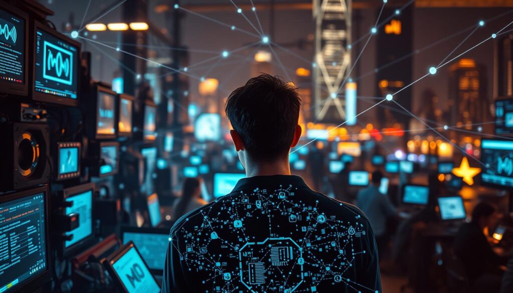 A bustling digital landscape, where interconnected devices and endless notifications create a state of hyper-connectivity. In the foreground, a person is surrounded by a swarm of glowing screens, their attention fragmented and overwhelmed. The middle ground features a web of intricate lines and data streams, symbolizing the complex web of digital interactions. In the background, a blurred cityscape represents the broader context of modern work environments. The lighting is a mix of cool, blue hues from the screens and warm, golden tones, creating a sense of tension and disorientation. The overall mood is one of sensory overload and the need to find balance in an increasingly connected world. A bustling digital landscape, where interconnected devices and endless notifications create a state of hyper-connectivity. In the foreground, a person is surrounded by a swarm of glowing screens, their attention fragmented and overwhelmed. The middle ground features a web of intricate lines and data streams, symbolizing the complex web of digital interactions. In the background, a blurred cityscape represents the broader context of modern work environments. The lighting is a mix of cool, blue hues from the screens and warm, golden tones, creating a sense of tension and disorientation. The overall mood is one of sensory overload and the need to find balance in an increasingly connected world.
