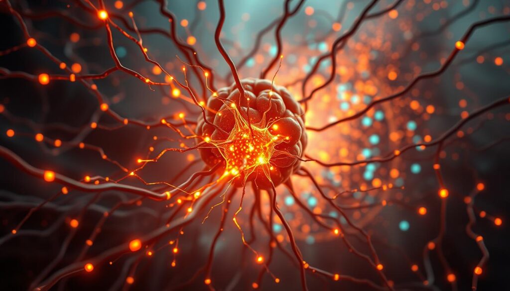 A complex neural network of glowing synapses, representing the intricate connections of the human brain. In the foreground, a large neuron surges with electric impulses, symbolizing the hyperconnectivity that permeates the mind. The middle ground features a swirling vortex of data streams, colors, and shapes, reflecting the overwhelming information flow that characterizes the modern digital landscape. In the background, a hazy, dreamlike atmosphere suggests the impact of this constant connectivity on our cognitive processes and mental well-being. Lighting is dramatic, with a warm, pulsing glow emanating from the central neuron and the surrounding data streams. The lens is slightly tilted, giving the image a sense of depth and dynamism.