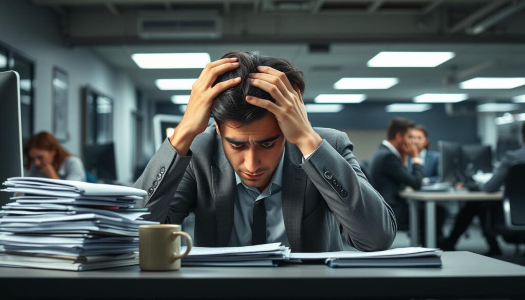 A corporate office setting with an employee visibly experiencing symptoms of anxiety. In the foreground, a person sitting at a desk, hands clutching their head, facial expression tense and distressed. Subtle details like a stack of paperwork, a computer, and a mug of coffee create a realistic work environment. The middle ground features other employees going about their tasks, unaware of the individual's inner turmoil. The background has muted tones, fluorescent lighting, and a sense of confinement, heightening the feeling of unease. The overall mood is one of subdued tension and the weight of workplace pressures taking a toll on mental well-being.