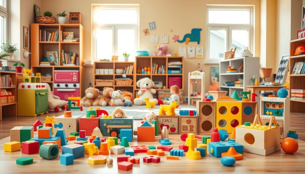 A cozy, well-lit classroom setting with an array of vibrant, educational toys and playthings for preschoolers. In the foreground, a collection of colorful wooden blocks, puzzles, and shape sorters inviting little hands to explore and discover. In the middle ground, plush stuffed animals, play kitchen sets, and building sets encourage imaginative role-play and problem-solving. The background features bookshelves stocked with children's literature, art supplies, and a variety of tactile, sensory-engaging toys that stimulate cognitive development. Warm, natural lighting filters through large windows, creating a serene, nurturing atmosphere conducive to learning through play. A cozy, well-lit classroom setting with an array of vibrant, educational toys and playthings for preschoolers. In the foreground, a collection of colorful wooden blocks, puzzles, and shape sorters inviting little hands to explore and discover. In the middle ground, plush stuffed animals, play kitchen sets, and building sets encourage imaginative role-play and problem-solving. The background features bookshelves stocked with children's literature, art supplies, and a variety of tactile, sensory-engaging toys that stimulate cognitive development. Warm, natural lighting filters through large windows, creating a serene, nurturing atmosphere conducive to learning through play.