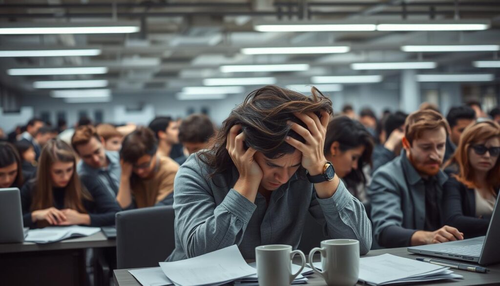 A crowded open-plan office, tension palpable in the air. Employees hunched over desks, faces etched with worry, hands grasping at hair in frustration. Fluorescent lights cast a harsh glare, amplifying the sense of mental strain. In the background, a chaotic jumble of papers, laptops, and half-empty coffee mugs. Shades of gray and muted tones convey the emotional burden of workplace stress. Subtle hints of body language - clenched jaws, furrowed brows - betray the individuals' internal turmoil. An unsettling atmosphere of collective unease pervades the scene, capturing the visceral impact of emotional distress in the professional environment.