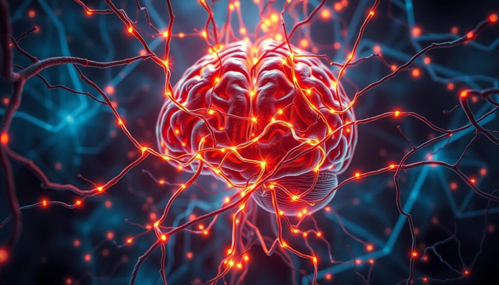 A detailed and visually striking image of the neural hyperconnectivity associated with ADHD. In the foreground, a complex web of glowing neural pathways and synaptic connections, pulsing with vibrant energy. The middle ground features a stylized human brain, its regions highlighted to showcase the heightened interconnectivity. In the background, a moody, atmospheric backdrop of muted blues and purples, evoking the cognitive challenges of ADHD. Dramatic lighting casts dramatic shadows, emphasizing the intricate neural architecture. The overall composition conveys the dynamic, hyperactive nature of the ADHD brain in a visually compelling manner.