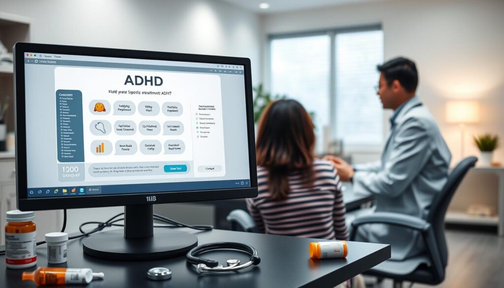 A diagnostic medical workstation in a contemporary healthcare setting. The foreground features a computer monitor displaying a ADHD diagnostic assessment, alongside medical equipment such as a stethoscope and prescription medication. The middle ground showcases a physician in a white coat, consulting with a patient seated across the desk. The background depicts a soothing, softly-lit clinical environment with modern furnishings and subtle technology accents, conveying a sense of professionalism and care. The overall scene communicates the thoughtful application of technology to support the diagnosis and treatment of ADHD. A diagnostic medical workstation in a contemporary healthcare setting. The foreground features a computer monitor displaying a ADHD diagnostic assessment, alongside medical equipment such as a stethoscope and prescription medication. The middle ground showcases a physician in a white coat, consulting with a patient seated across the desk. The background depicts a soothing, softly-lit clinical environment with modern furnishings and subtle technology accents, conveying a sense of professionalism and care. The overall scene communicates the thoughtful application of technology to support the diagnosis and treatment of ADHD.