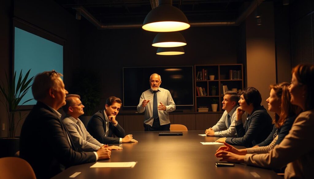 A dimly lit corporate training room, with a focus on a group of business leaders gathered around a conference table. The scene is illuminated by warm, soft lighting, creating a contemplative atmosphere. In the foreground, a middle-aged man stands at the head of the table, gesturing emphatically as he addresses the attentive group. The leaders' faces express a mix of concentration and engagement, their bodies leaning forward, eager to learn. The background features subtle details like potted plants, a large wall-mounted monitor, and a bookshelf, conveying a professional, yet welcoming environment. The overall mood is one of collaborative learning and leadership development. A dimly lit corporate training room, with a focus on a group of business leaders gathered around a conference table. The scene is illuminated by warm, soft lighting, creating a contemplative atmosphere. In the foreground, a middle-aged man stands at the head of the table, gesturing emphatically as he addresses the attentive group. The leaders' faces express a mix of concentration and engagement, their bodies leaning forward, eager to learn. The background features subtle details like potted plants, a large wall-mounted monitor, and a bookshelf, conveying a professional, yet welcoming environment. The overall mood is one of collaborative learning and leadership development.