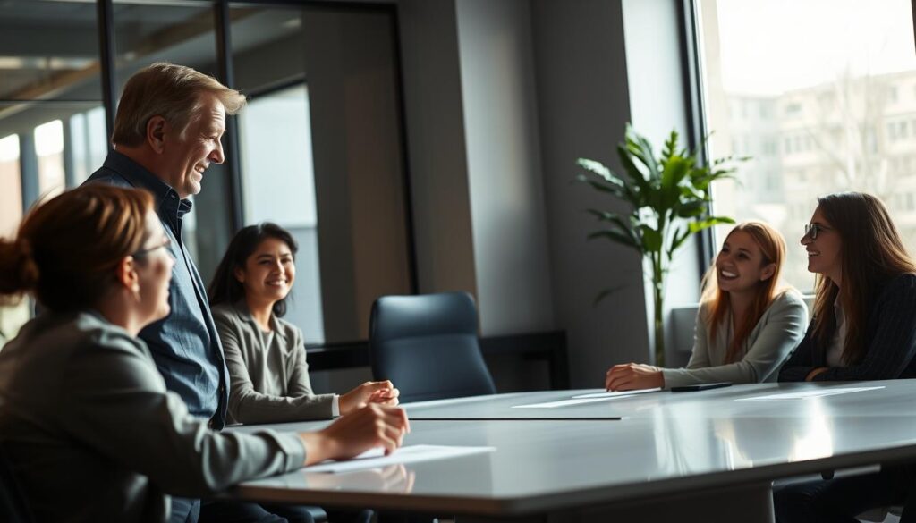 A dimly lit office environment, with a middle-aged executive standing at the front of a team meeting, their face beaming with a warm, genuine smile as they recognize and praise the accomplishments of a young, enthusiastic employee. Soft, natural lighting filters in through large windows, casting a soft, inviting glow on the scene. The team members, seated around a sleek, modern conference table, lean in attentively, their expressions conveying a sense of pride and engagement. The atmosphere is one of camaraderie, appreciation, and a shared commitment to the company's success. A dimly lit office environment, with a middle-aged executive standing at the front of a team meeting, their face beaming with a warm, genuine smile as they recognize and praise the accomplishments of a young, enthusiastic employee. Soft, natural lighting filters in through large windows, casting a soft, inviting glow on the scene. The team members, seated around a sleek, modern conference table, lean in attentively, their expressions conveying a sense of pride and engagement. The atmosphere is one of camaraderie, appreciation, and a shared commitment to the company's success.