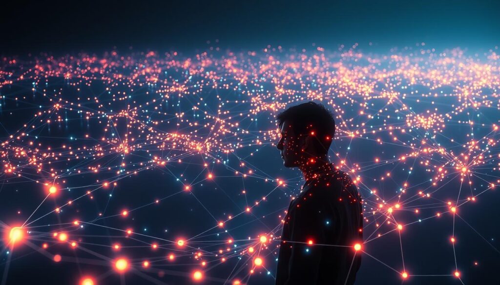 A hyper-connected digital landscape, with a sprawling network of glowing nodes and pulsing lines of data streaming across a dark, ethereal backdrop. In the foreground, a single, solitary figure is engulfed in the mesmerizing glow, their features obscured by the dazzling array of digital stimuli. The scene is lit by a cool, diffused light, casting a sense of both fascination and unease. The composition is balanced, with the central figure positioned to draw the viewer's eye, while the intricate web of connections surrounds and envelops them, suggesting the overwhelming nature of digital hyperconnectivity. A hyper-connected digital landscape, with a sprawling network of glowing nodes and pulsing lines of data streaming across a dark, ethereal backdrop. In the foreground, a single, solitary figure is engulfed in the mesmerizing glow, their features obscured by the dazzling array of digital stimuli. The scene is lit by a cool, diffused light, casting a sense of both fascination and unease. The composition is balanced, with the central figure positioned to draw the viewer's eye, while the intricate web of connections surrounds and envelops them, suggesting the overwhelming nature of digital hyperconnectivity.